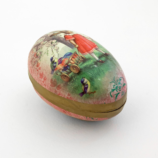 3-1/2" Pink Papier Mache Easter Egg Container with Vintage Bunny and Egg Cart ~ Germany